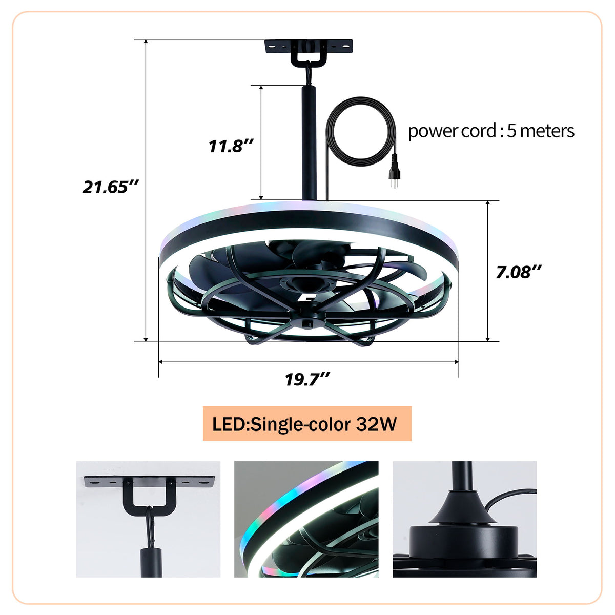 Luz LED para ventilador de techo con control remoto, luz LED regulable de 3000 - 6500 K, 6 velocidades, para sala de estar - Negro mate