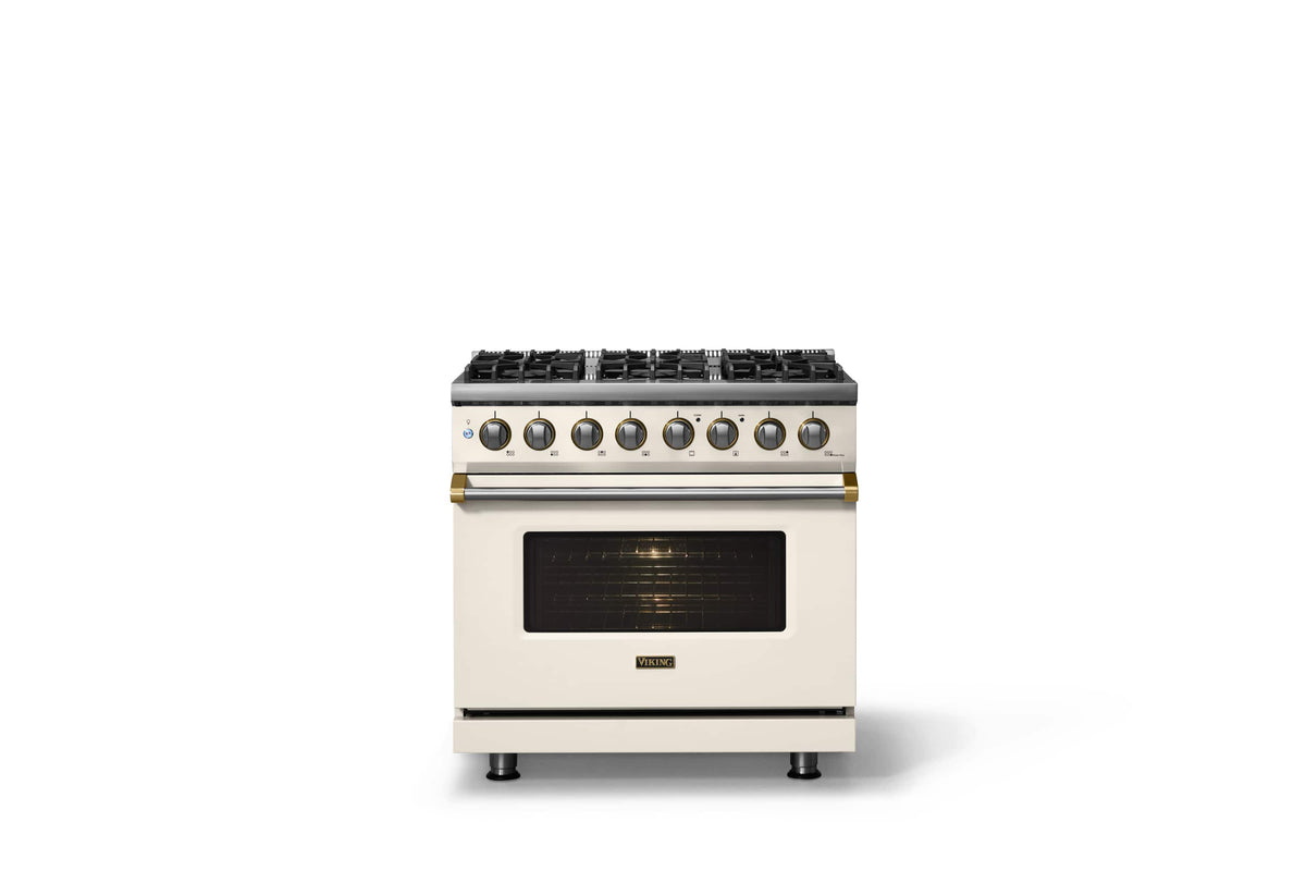 Viking - 36"W 5.6 Cu.Ft. Pro5S Freestanding Sealed 6 Burner Dual Fuel Convection LP Range - Pure White w. Brushed Brass Trim - Pure White