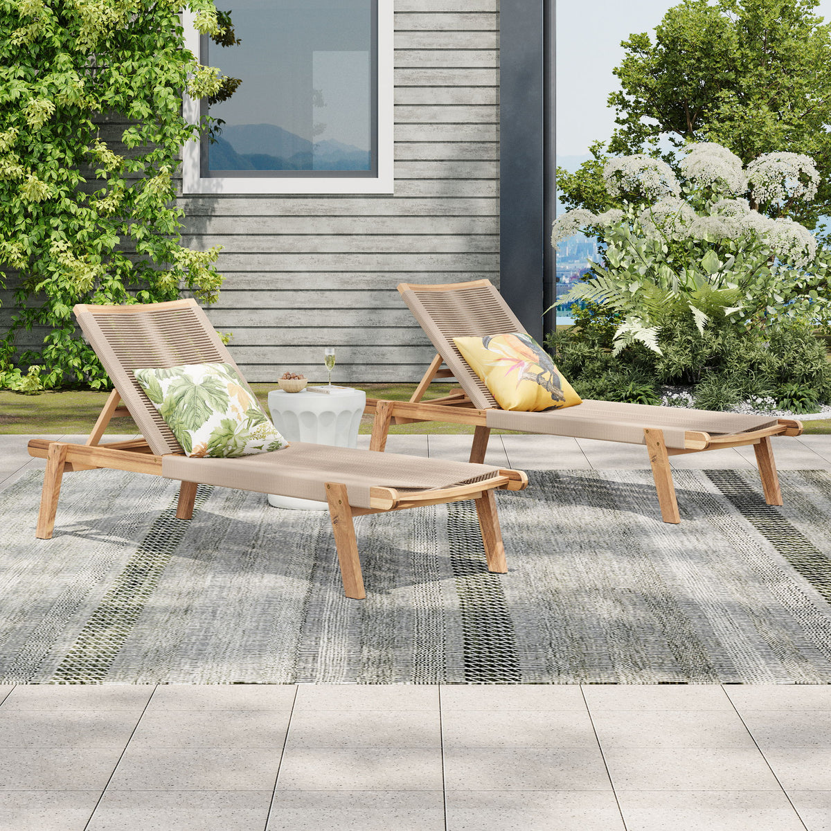 Catania - Outdoor Rope Chaise Lounge (Set of 2) - Teak / Beige