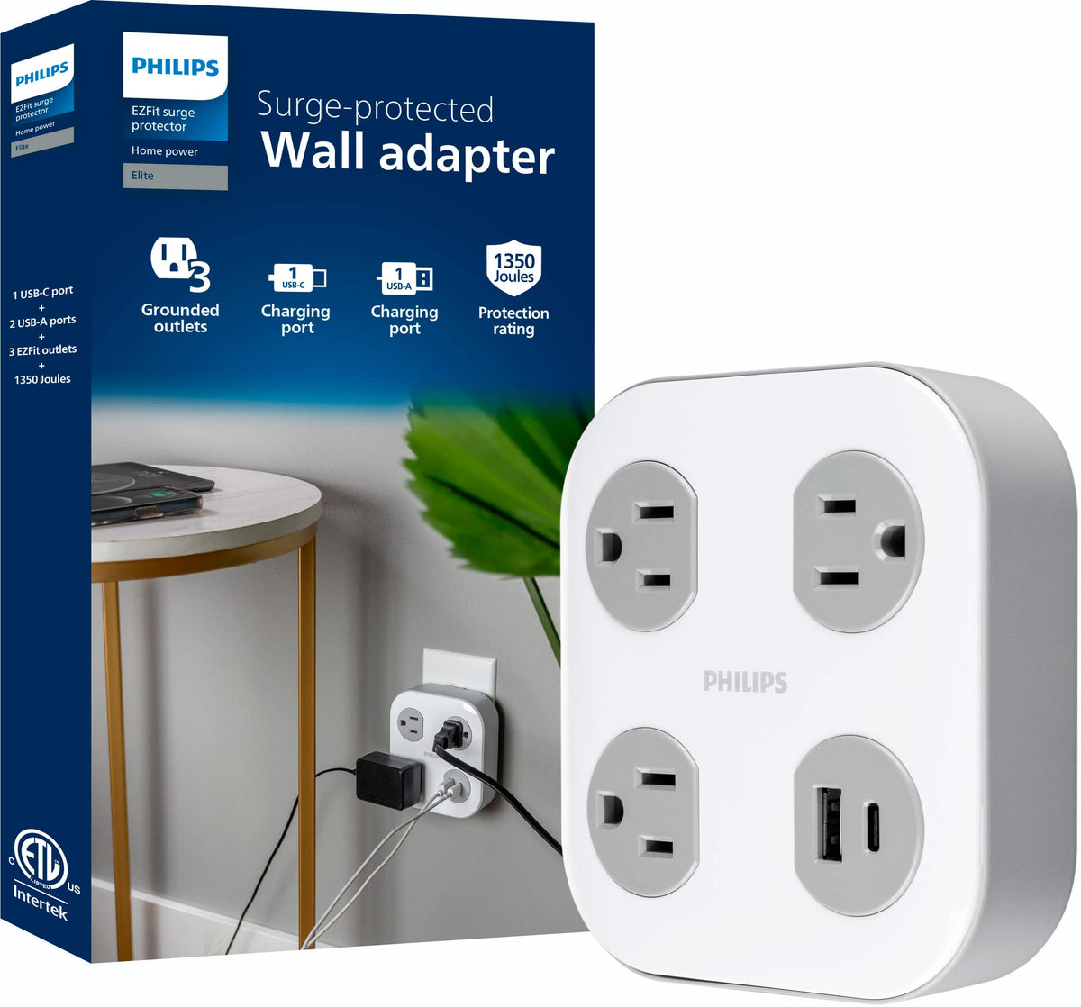 Philips - Surge Tap, 3 Grounded Outlets, 1 USB-A, 1 USB-C, 17W, 1350J - White