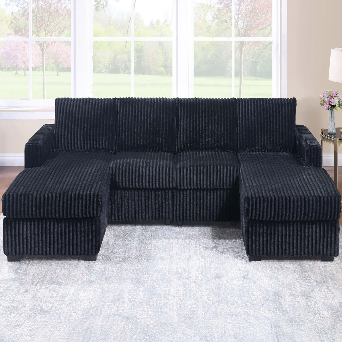 Conjunto seccional en forma de U con sillas sin brazos de respaldo acolchado y chaise longue con brazo a la derecha y a la izquierda