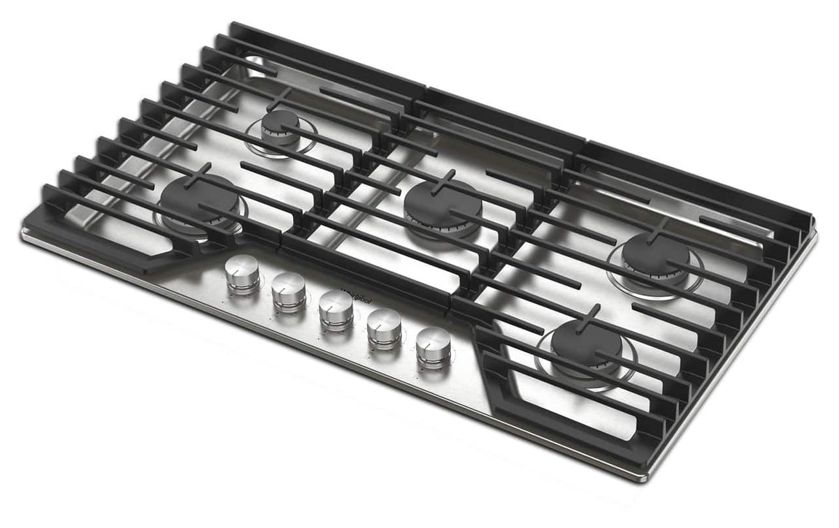 Whirlpool - 36 in. Wide 5 burners Built-In Gas Cooktop with EZ-2-Lift Hinged Cast-Iron Grates - Stainless Steel