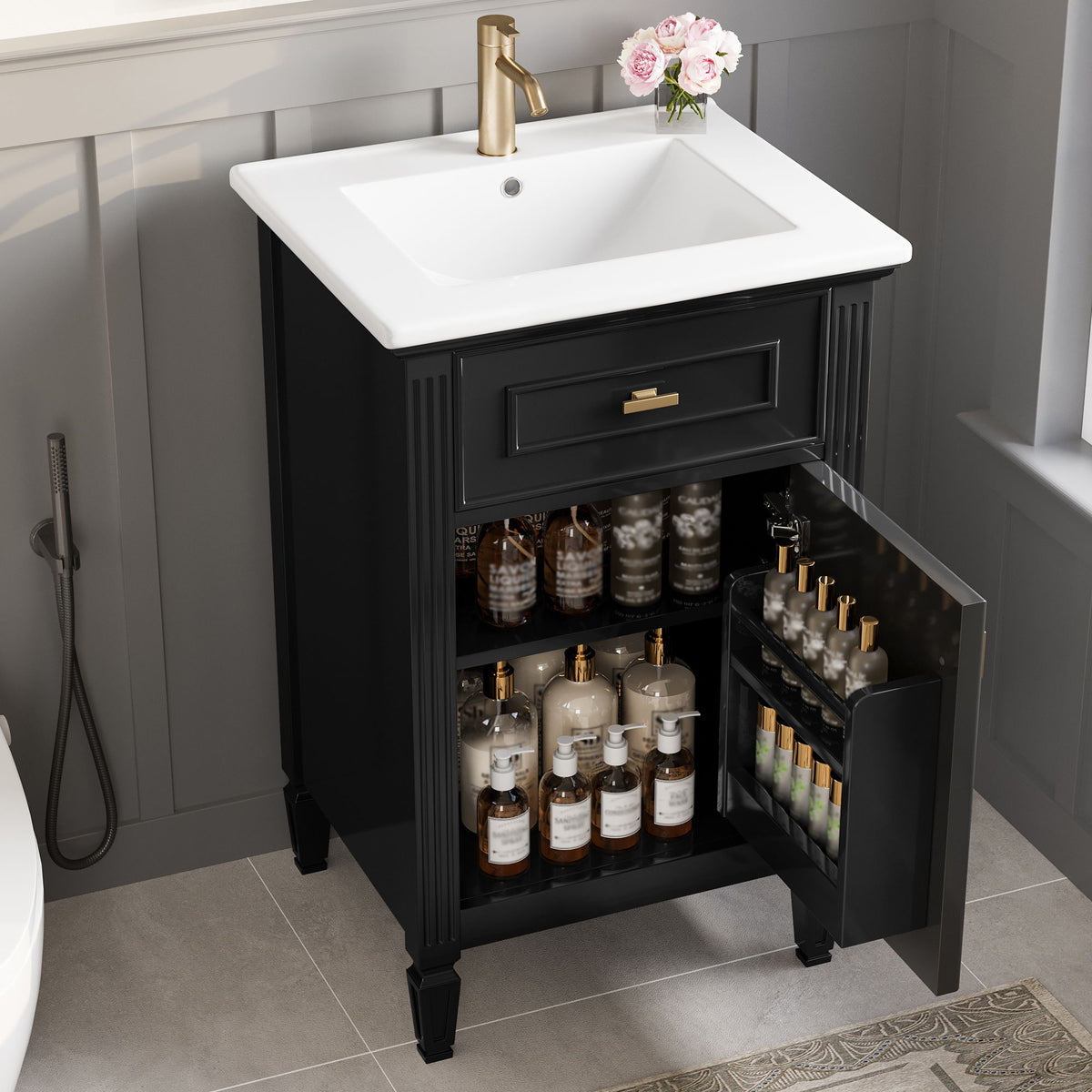 Tocador de baño con lavabo, estante ajustable y cajón abatible