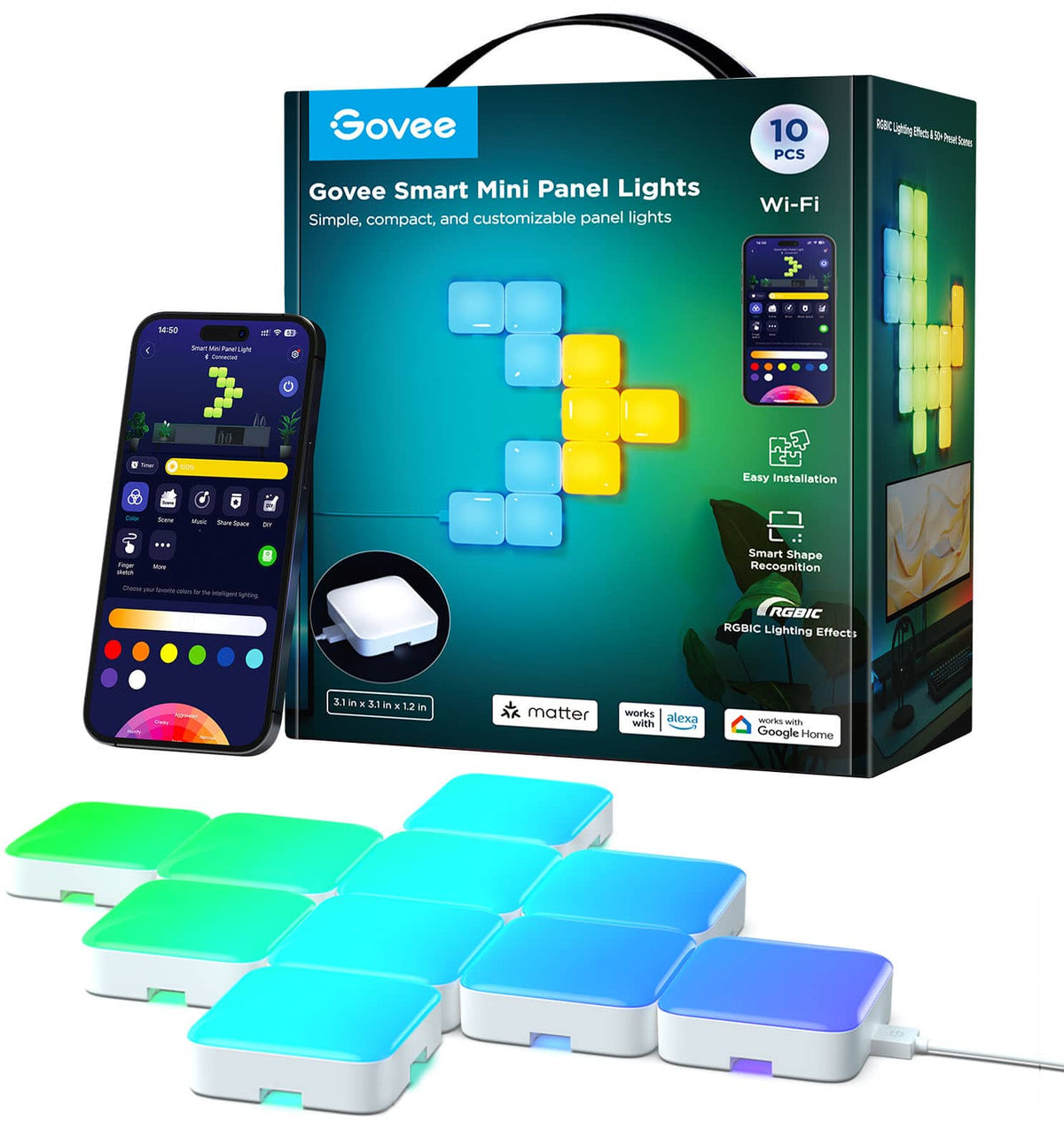 Govee - Smart Mini Panel Lights 10 Packs - RGBIC - Multi