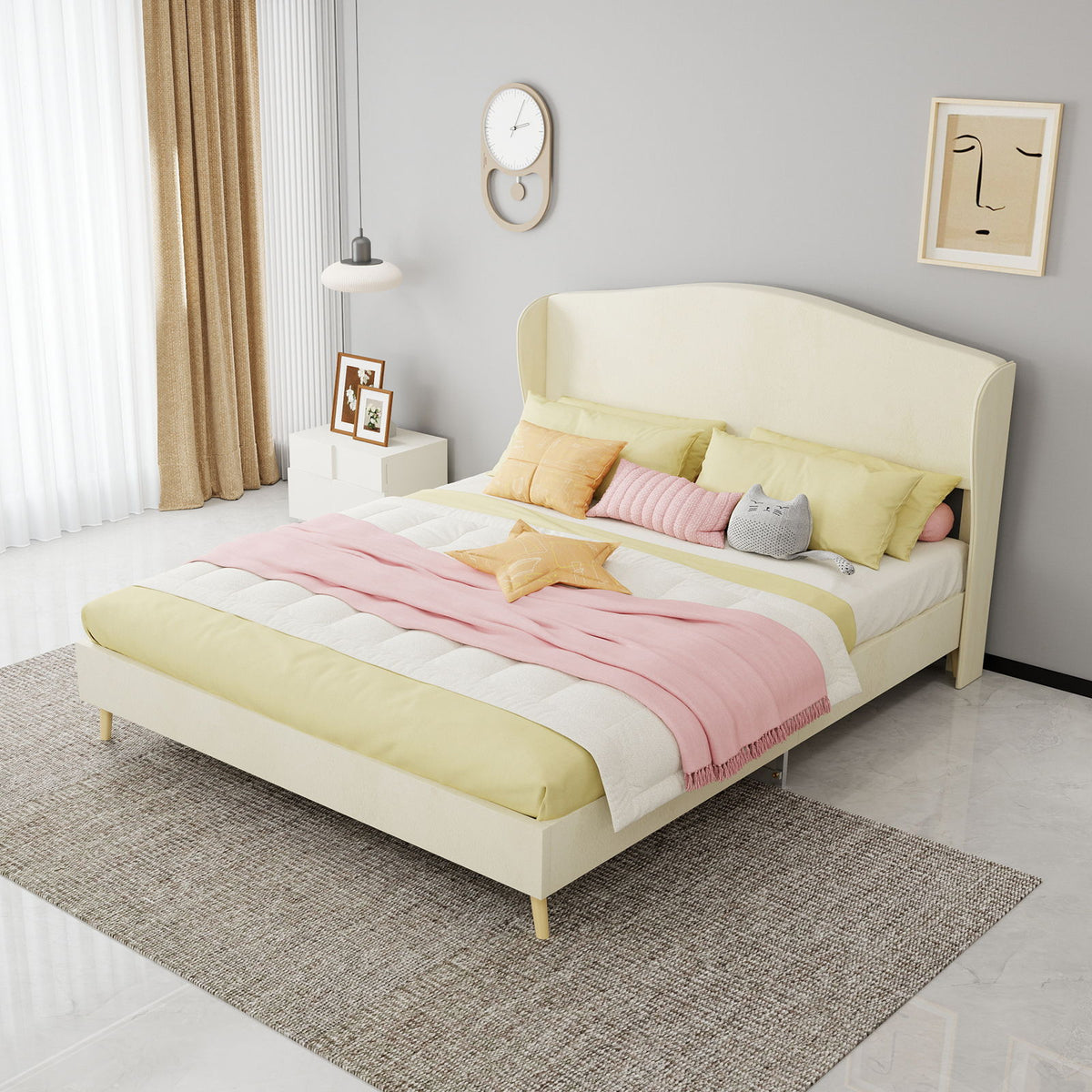 Cama tapizada, cabecero capitoné, sueño confortable