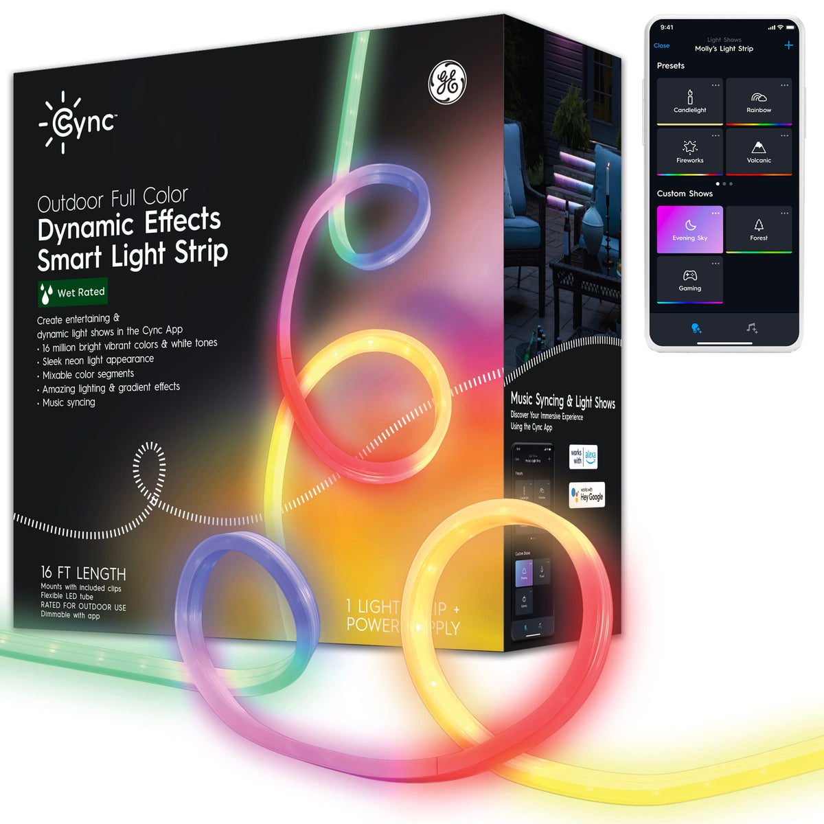 Cync - 16 foot Outdoor Wet Rated Bluetooth/Wi-Fi Color Changing Smart LED Light Strip - Full Color