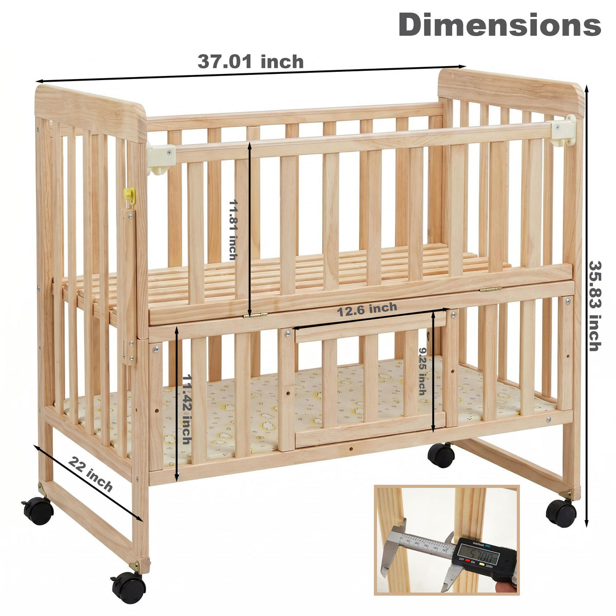 Cuna portátil mini 5 en 1 convertible con almacenamiento plegable - madera natural