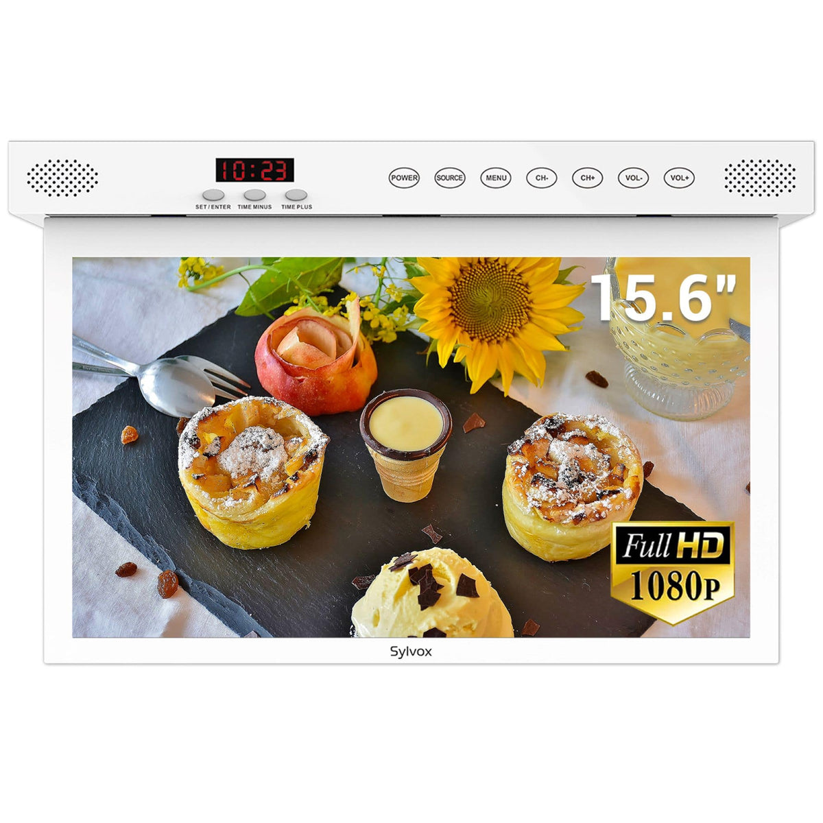 Sylvox - 15.6" Class Under Cabinet Smart Kitchen TV, 1080P HD Google TV, 360° Rotation & 90° Flip-Down Screen Space-Saving Design