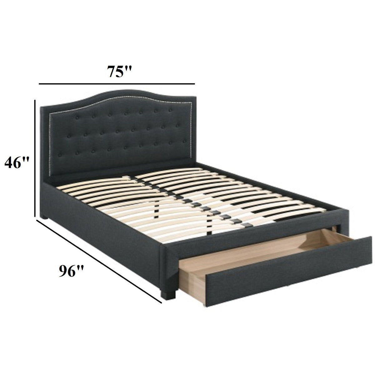 Cama moderna con cabecera de arco capitoné y piecero con almacenamiento