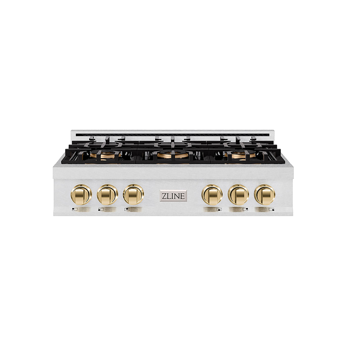 ZLINE - 36 in. Wide 6 Burner Autograph Satin Steel Classic Rangetop with with Gold Accents (PCRTSZ-36-G) - Satin Stainless Steel
