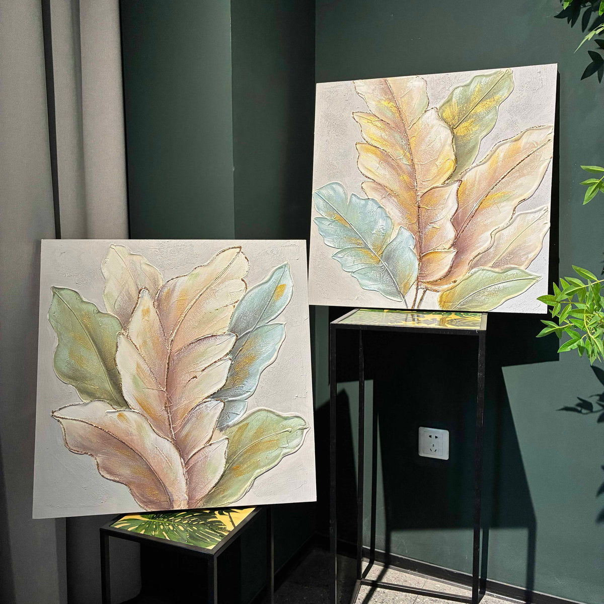 Arte de pared de hoja botánica, pintura en lienzo texturizada con acentos, decoración enmarcada para sala de estar (juego de 2) - Hoja verde