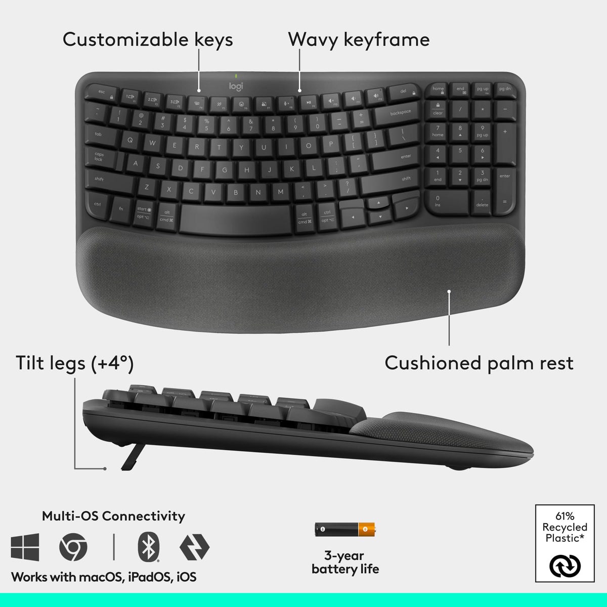 Logitech - Wave Keys and Lift Vertical Mouse Wireless Ergonomic Keyboard and Mouse Bundle with Cushioned Palm Rest - Graphite