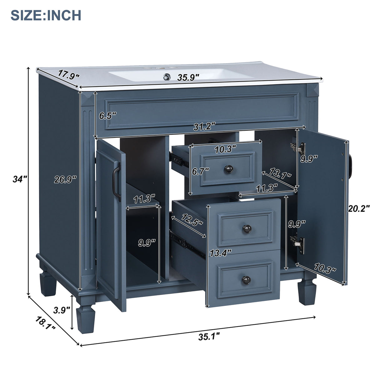 Bathroom Vanity With Top Sink, Basin On Cabinet With 2 Soft Closing Doors And 2 Drawers