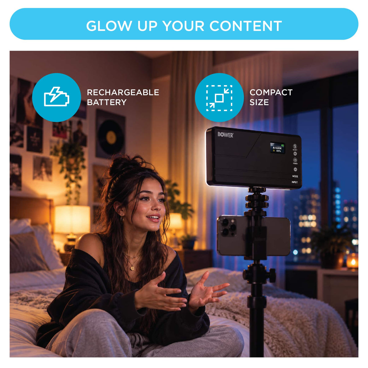 Bower - Aura Light Portable RGB LED Video Light with Rechargeable Battery and Cold Shoe Adapter - Black