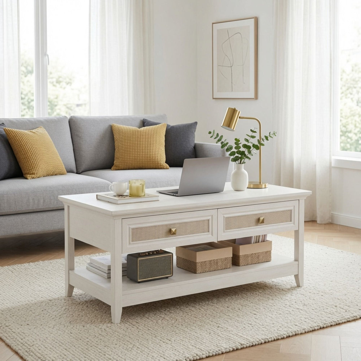 Mesa de centro con cajones y estante de almacenamiento - Blanco