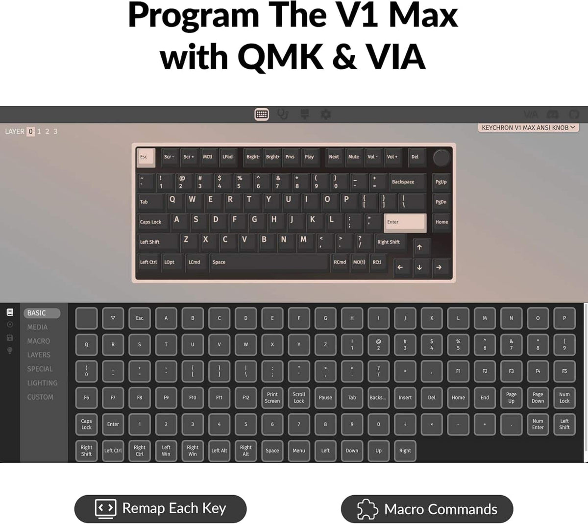 Keychron - V1 Max 75% Custom Wireless RGB Mechanical Keyboard with Programmable QMK/VIA Hot-Swappable Red Switch - Black