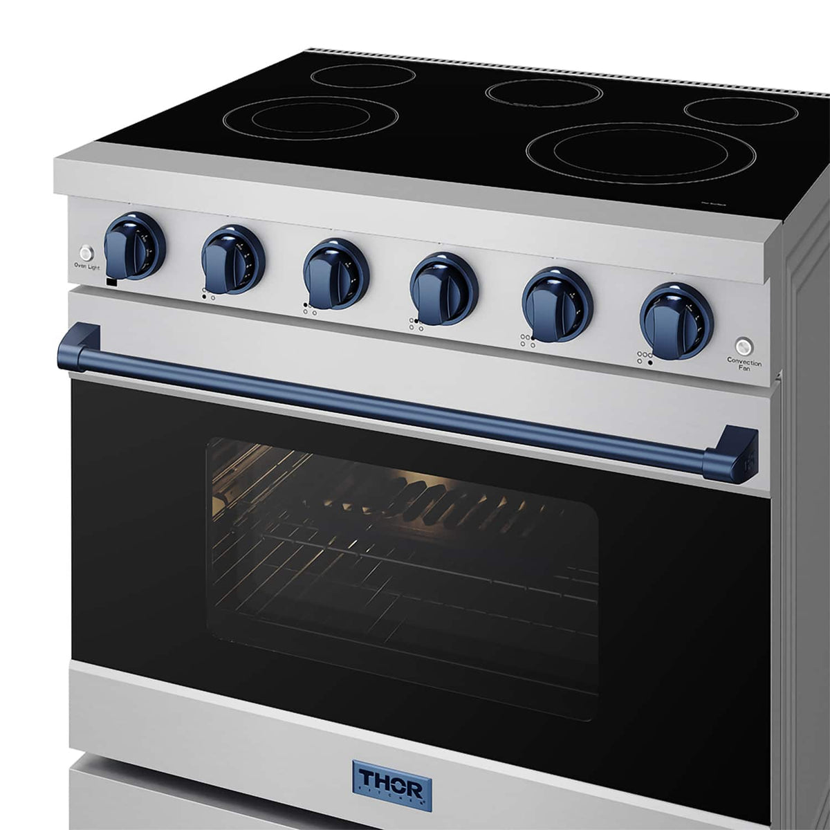 36 in. Wide 5 Elements Gordon Ramsay Series by Thor Kitchen 6.0 Cu.Ft Freestanding Electric Range with Navy Blue Handles - Stainless Steel