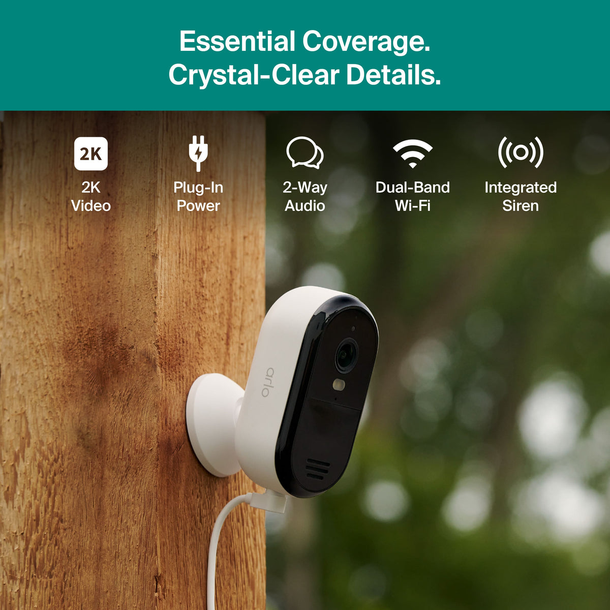 Arlo - Essential Outdoor Security Camera 2K (2025 Release) - Wired Plug-In Powered, 1-Cam - White