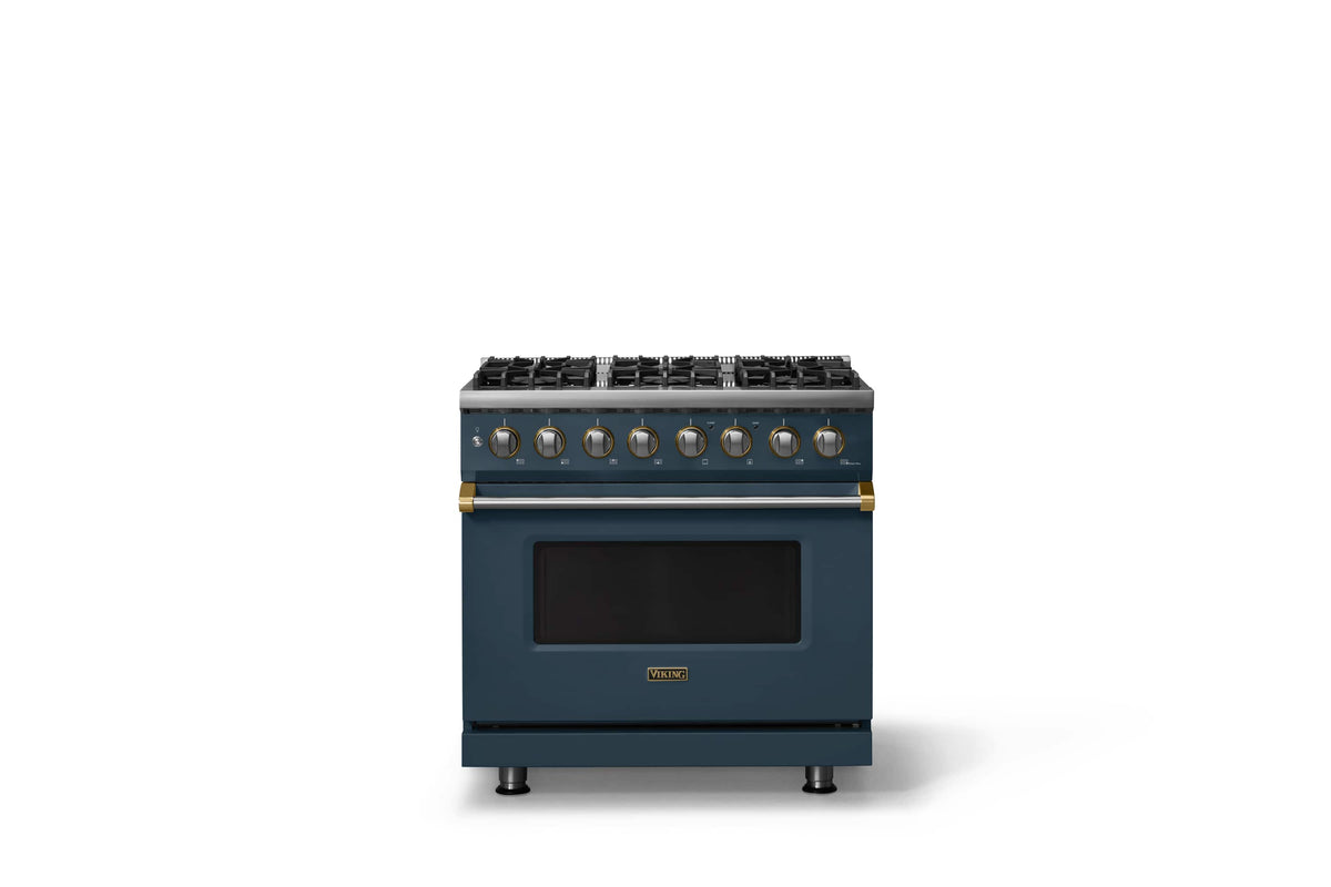 Viking - 36"W 5.6 Cu.Ft. Pro5S Freestanding Sealed 6 Burner Dual Fuel Convection LP Range - Squall w. Brushed Brass Trim - Squall