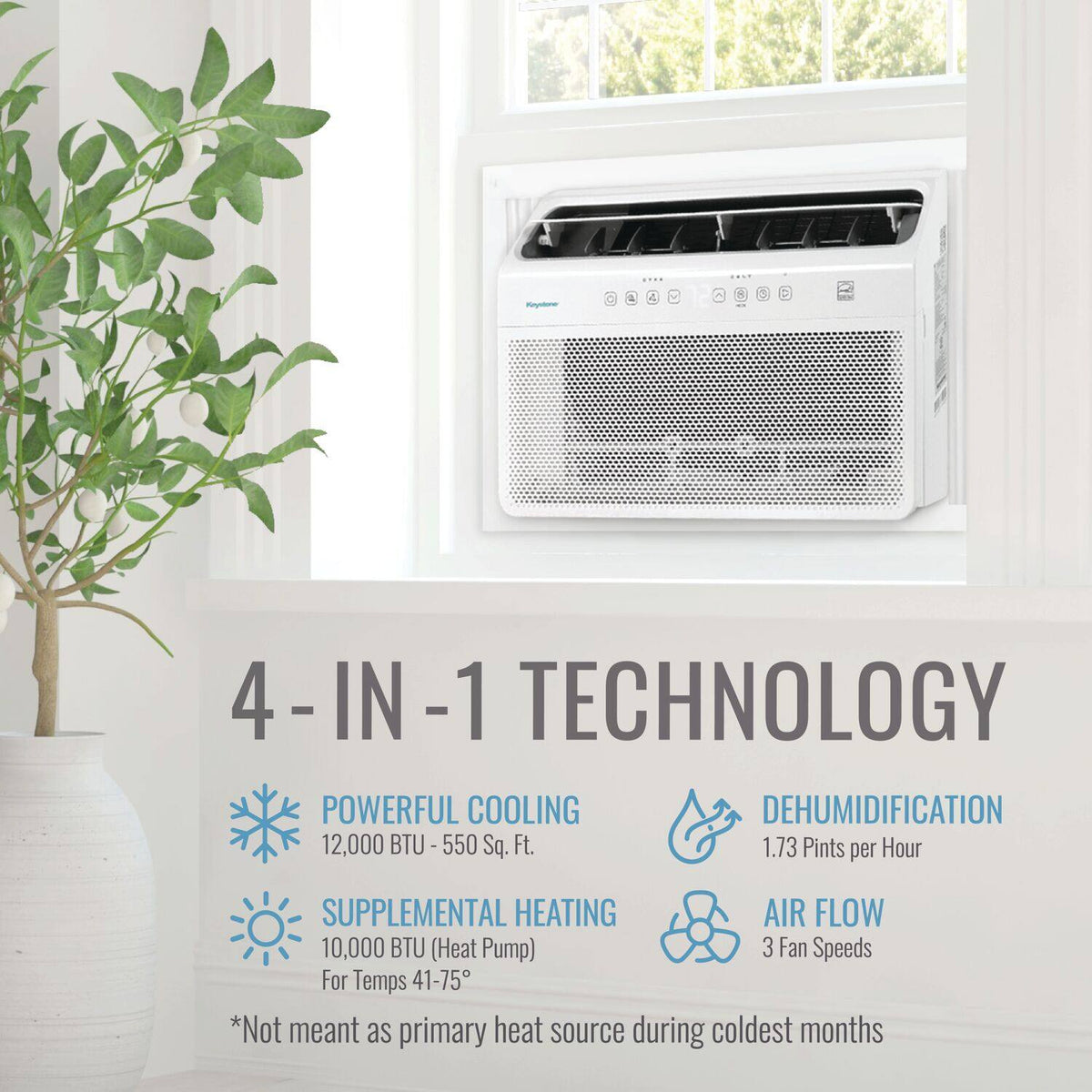 Keystone - 550 Sq. Ft 12,000 BTU Window Mounted Inverter Air Conditioner with 10,000 BTU Supplemental Heat Function - White