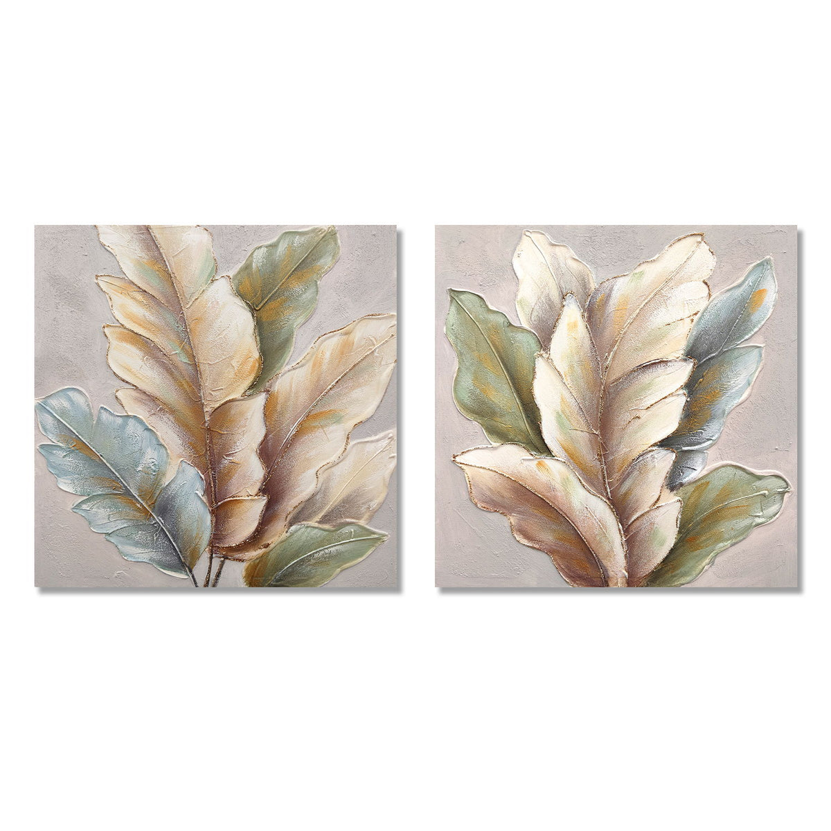 Arte de pared de hoja botánica, pintura en lienzo texturizada con acentos, decoración enmarcada para sala de estar (juego de 2) - Hoja verde