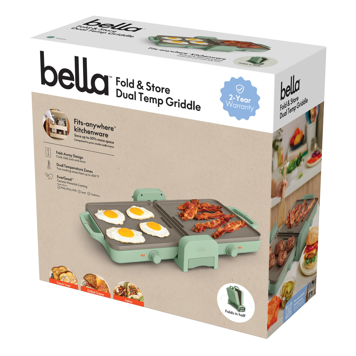 Bella - Fits-anywhere Kitchenware: 10" x 20" Fold & Store Dual Temp Electric Griddle - Seaglass