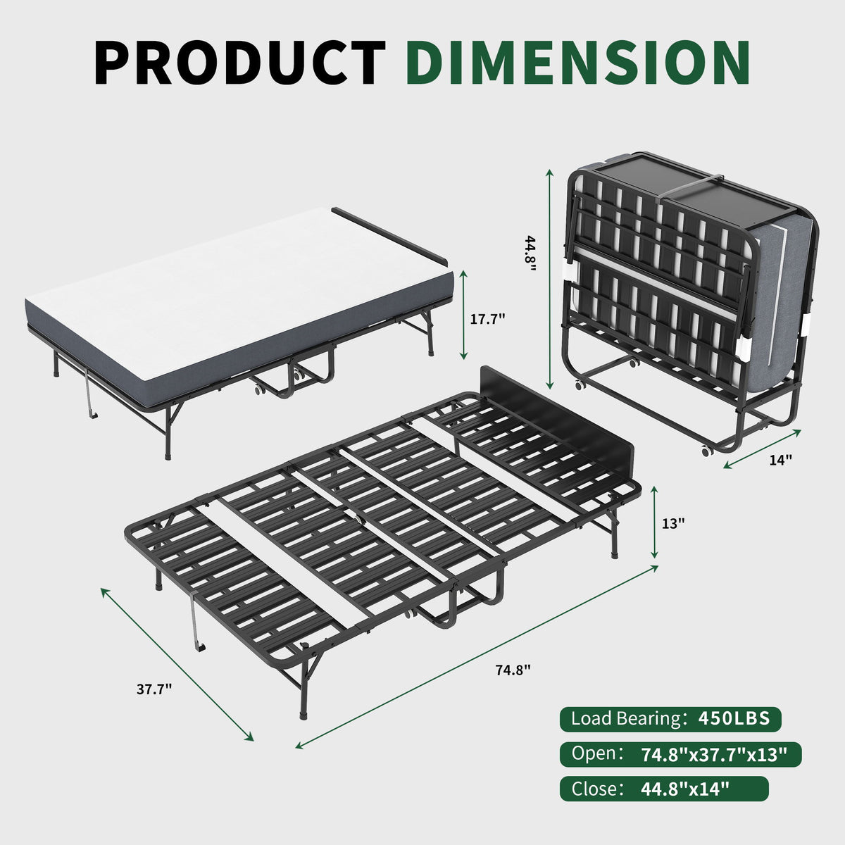 Cama Plegable Individual Con Cabecero Ajustable, Espuma Viscoelástica Para Personas Altas, Resistente Portátil Con Ruedas, Fácil Montaje - Negro