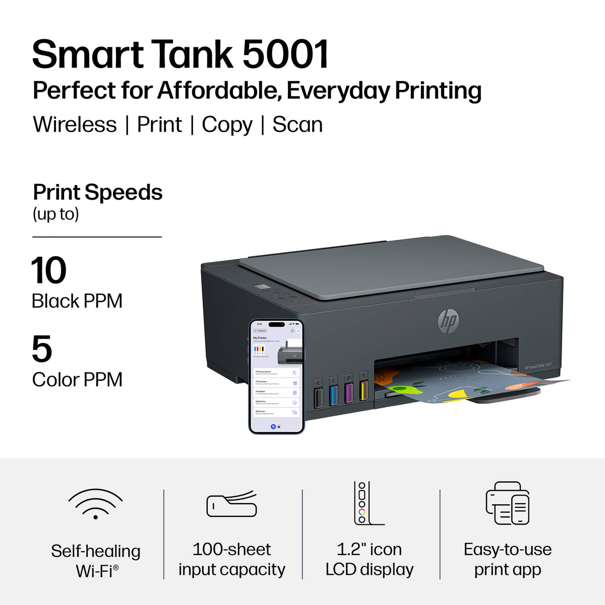 HP - Smart Tank 5001 Wireless All-in-One AI-Enabled Cartridge-Free Supertank Inkjet Printer with 3 Years of Ink Included¹ - Basalt