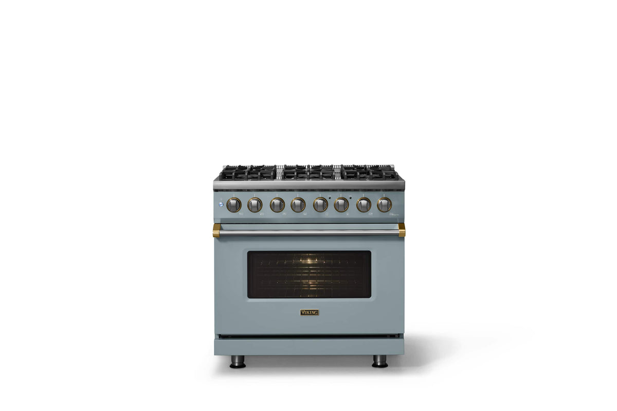 Viking - 36"W 5.6 Cu.Ft. Pro5S Freestanding Sealed 6 Burner Dual Fuel Convection LP Range - November Sky w. Brushed Brass Trim - November Sky