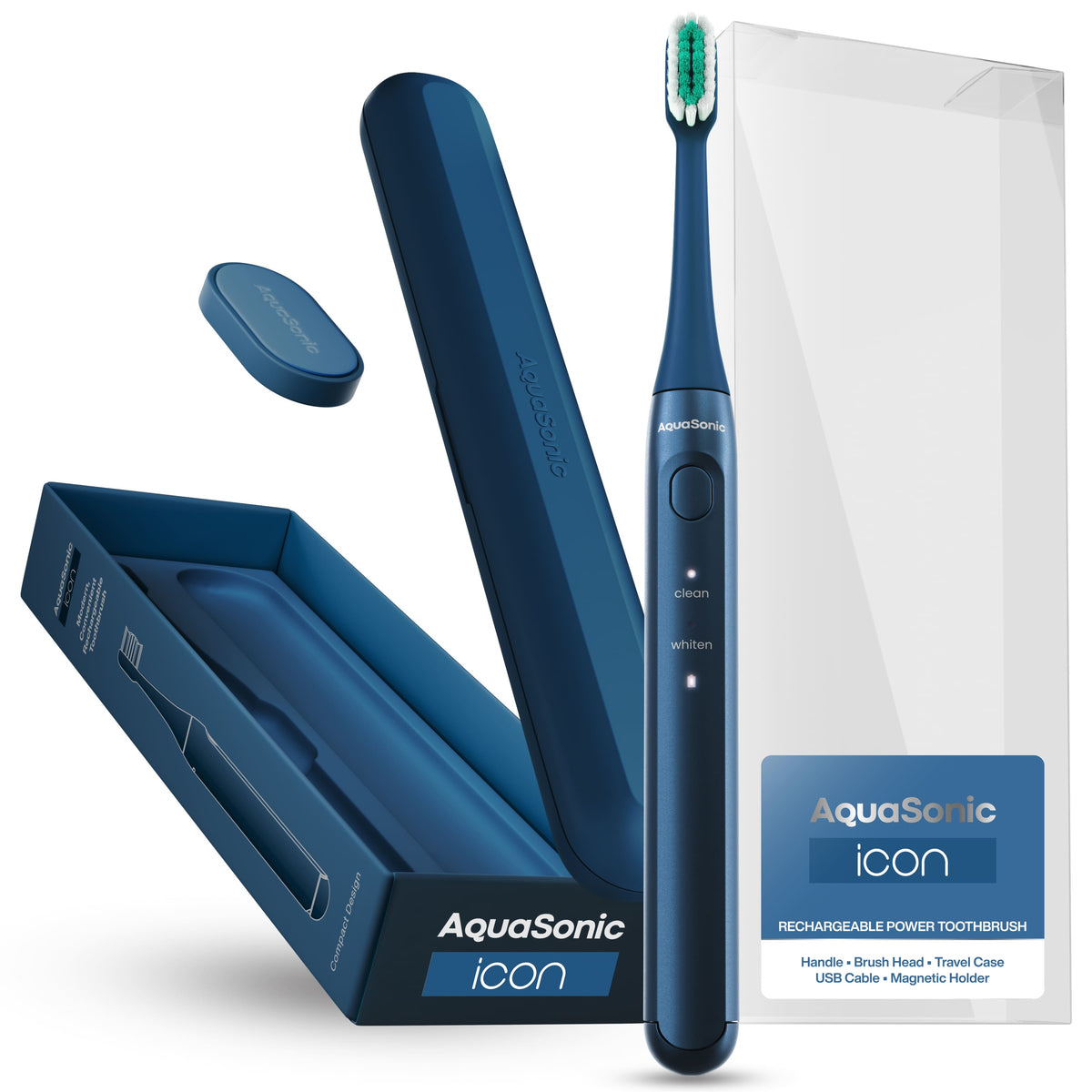 AquaSonic - Icon ADA-Accepted Rechargeable Toothbrush- Magnetic Holder & Slim Travel Case - 2 Brushing Modes & Smart Timers - Navy