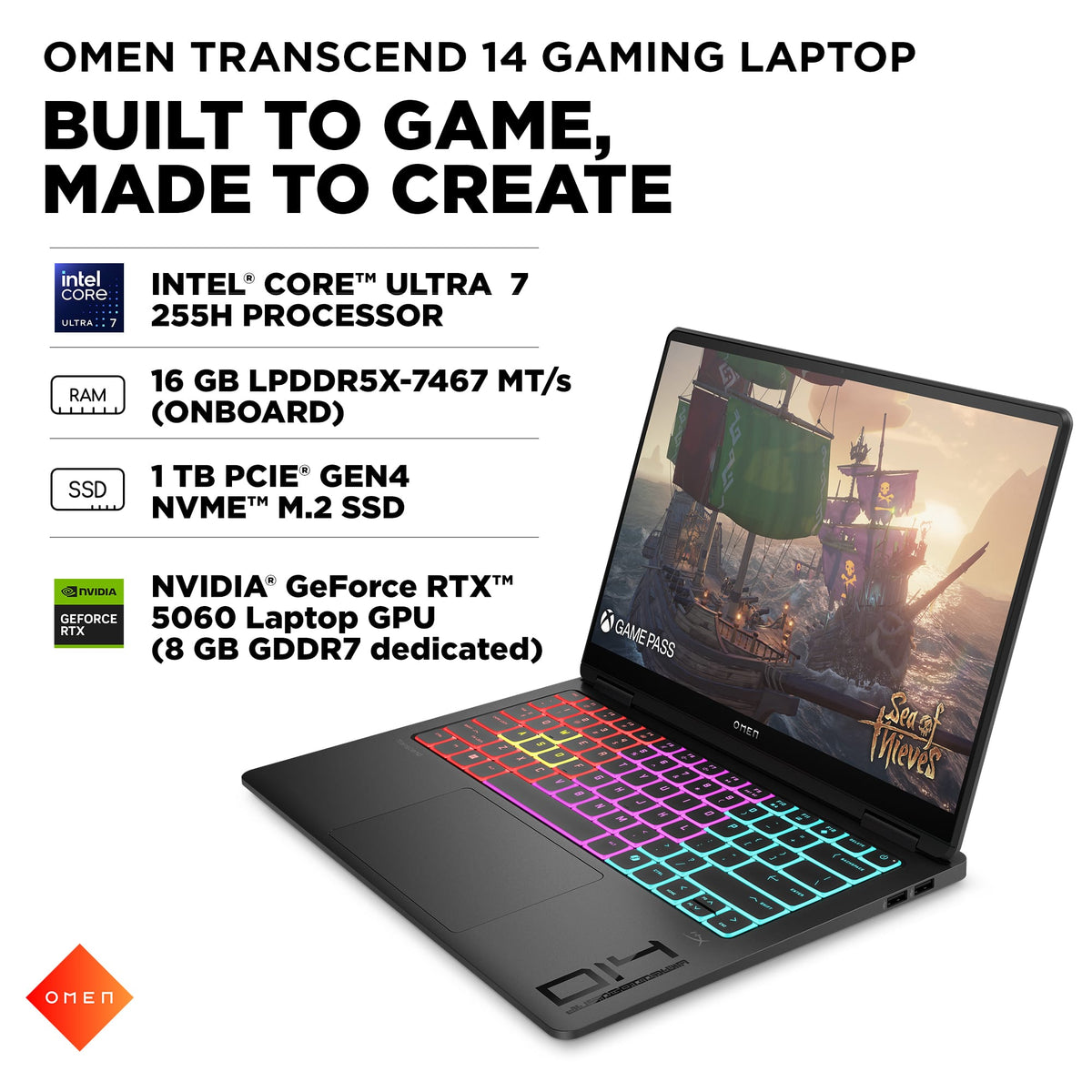 HP OMEN - Transcend 14" 120Hz 3K OLED Gaming Laptop - Intel Core Ultra 7 (2025) - 16GB Memory - NVIDIA GeForce RTX 5060 - 1TB SSD - Shadow Black