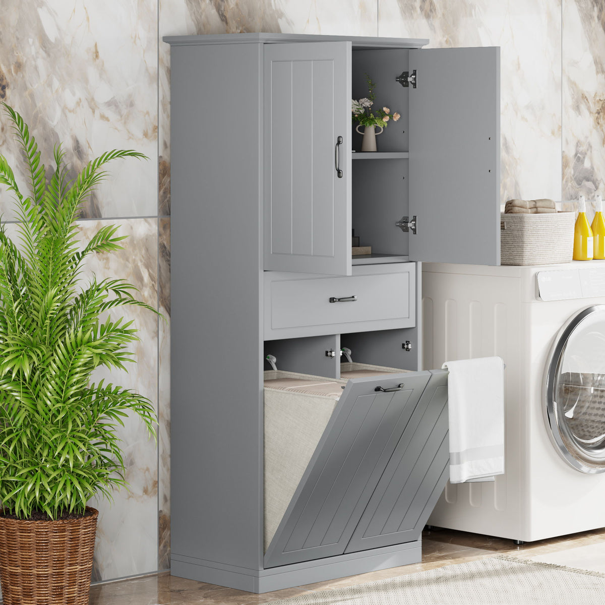 Modern Bathroom Storage Cabinet With Two Laundry Baskets, One Drawer, Adjustable Shelf