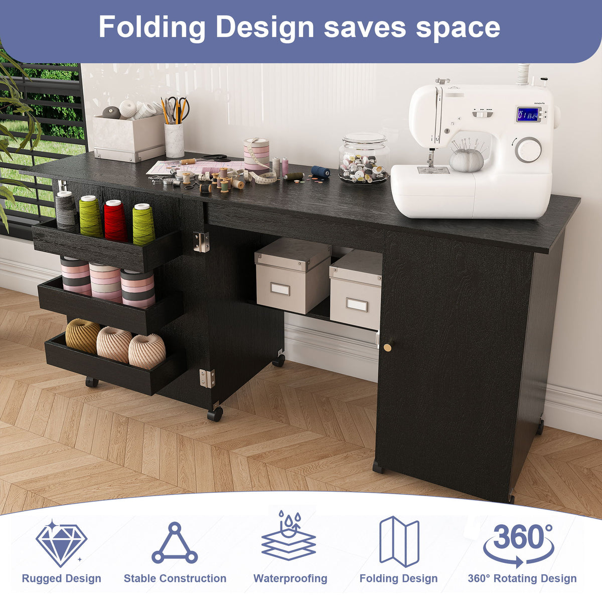 Mesa de costura plegable con ruedas bloqueables