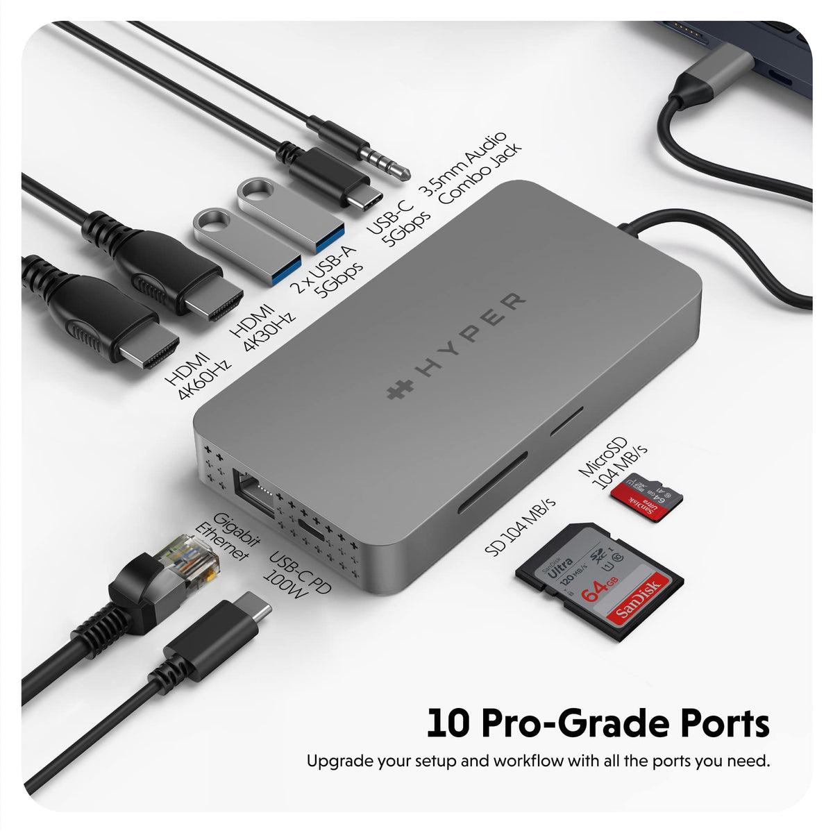 Hyper - HyperDrive Dual 10 Port USB-C Hub, 4K HDMI, Ethernet, 1 USB-C, 2 USB-A, microSD/SD, travel dock for M1/M2/M3 MacBook - Gray