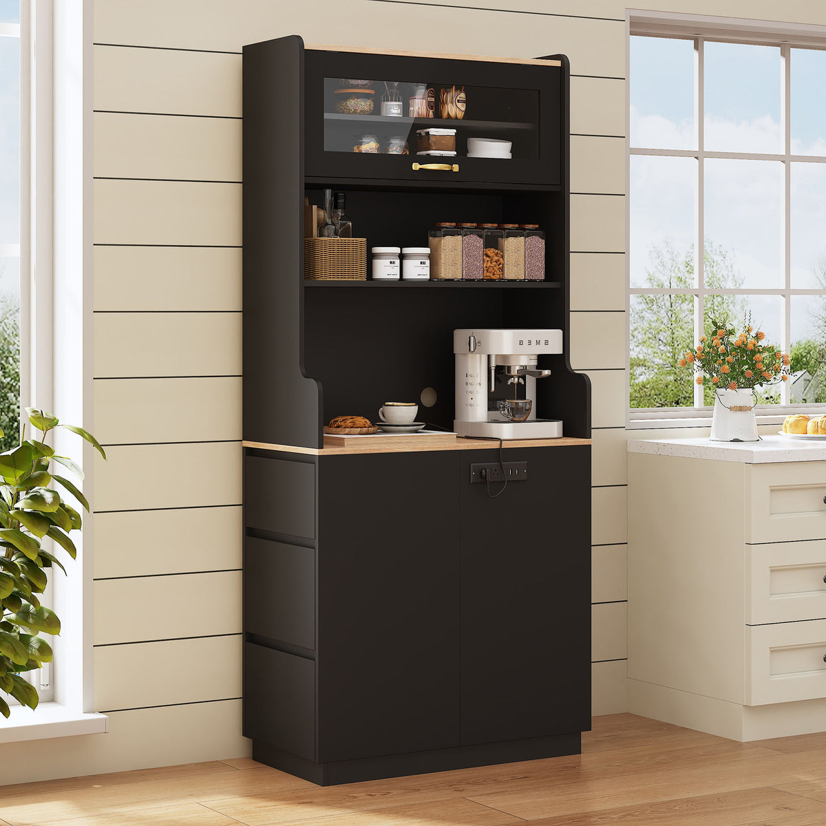 Pantry Cabinet With Hydraulic Flip Top And USB Charging Port