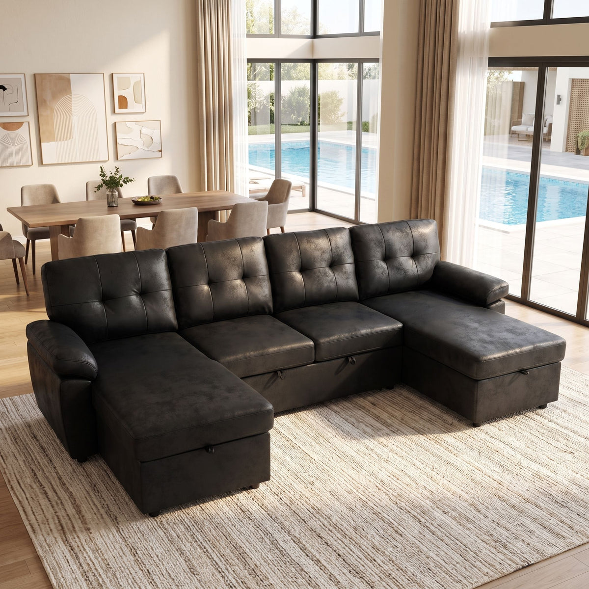 Convertible Sectional Sofa Bed With Pull Out Sleeper And Storage