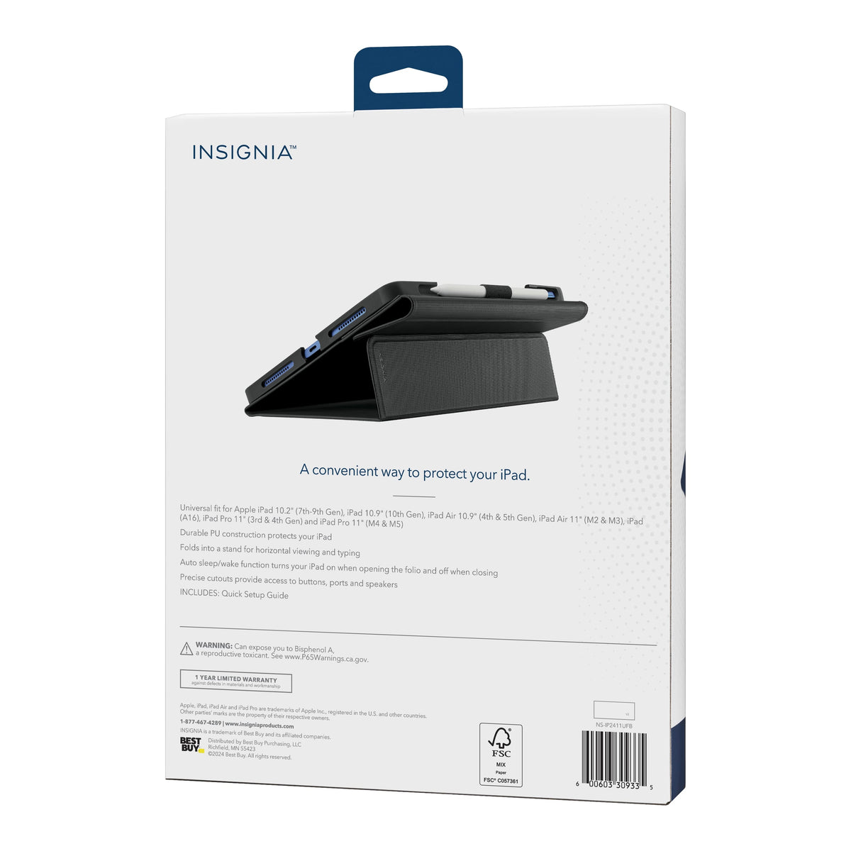 Insignia™ - Folio Case for Most 10.2" to 11" Apple iPad, iPad Air and iPad Pro Tablets - Black