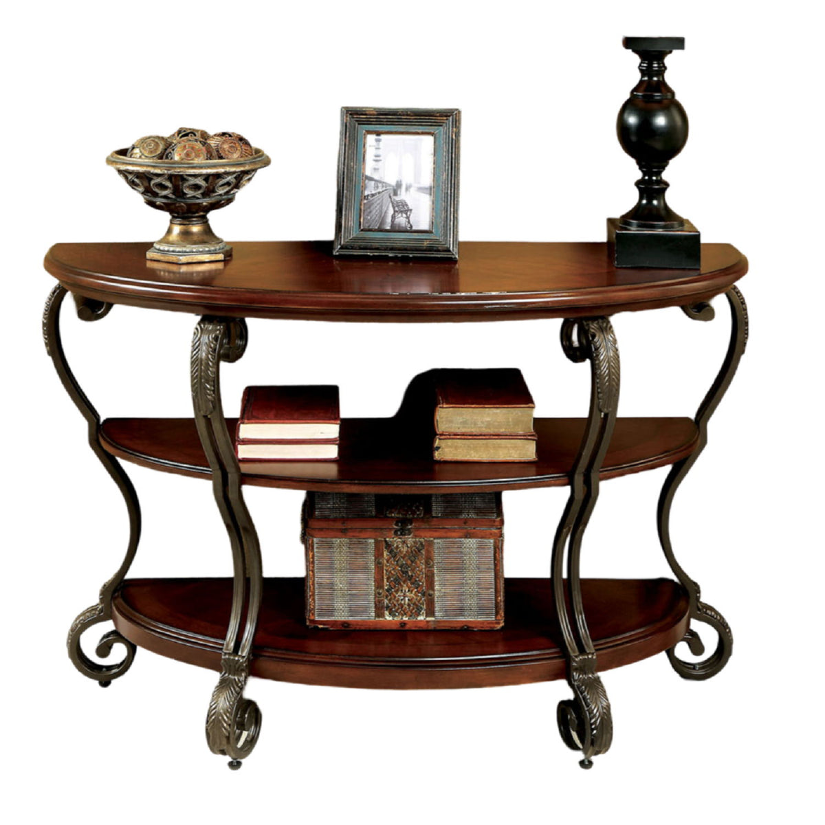 Mesa de sofá con estante inferior abierto y patas con detalles de volutas ornamentadas - Marrón multicolor