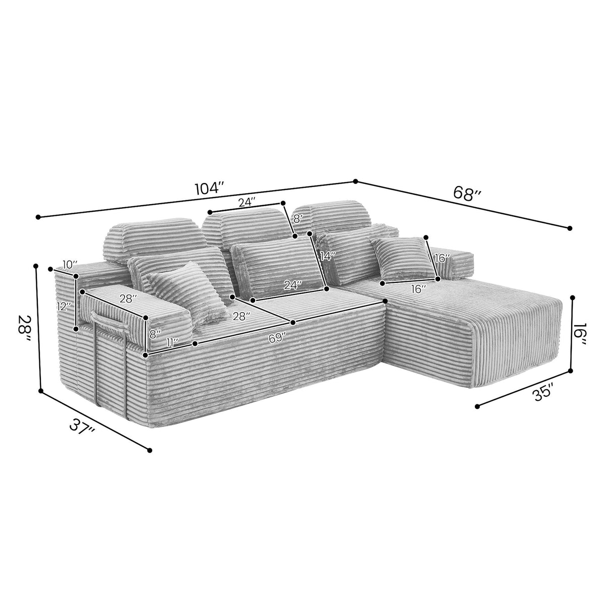 Sectional Sleeper Sofa & Storage Pockets, Modular Couch With Throw Pillows For Living Room