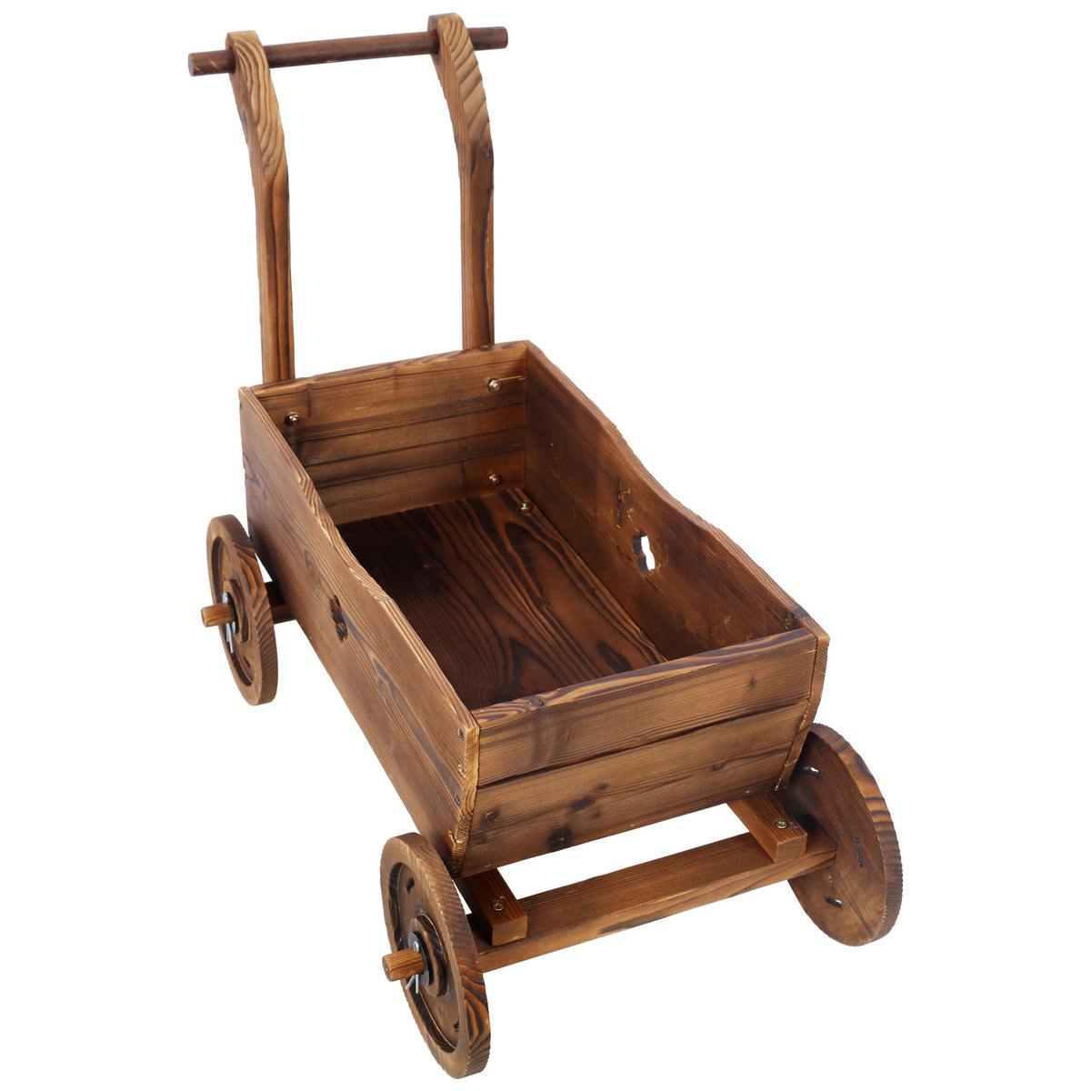 Wooden Wagon Planter Box Mobile Garden Planter With Wheels Handle Drain Hole Wood - Brown