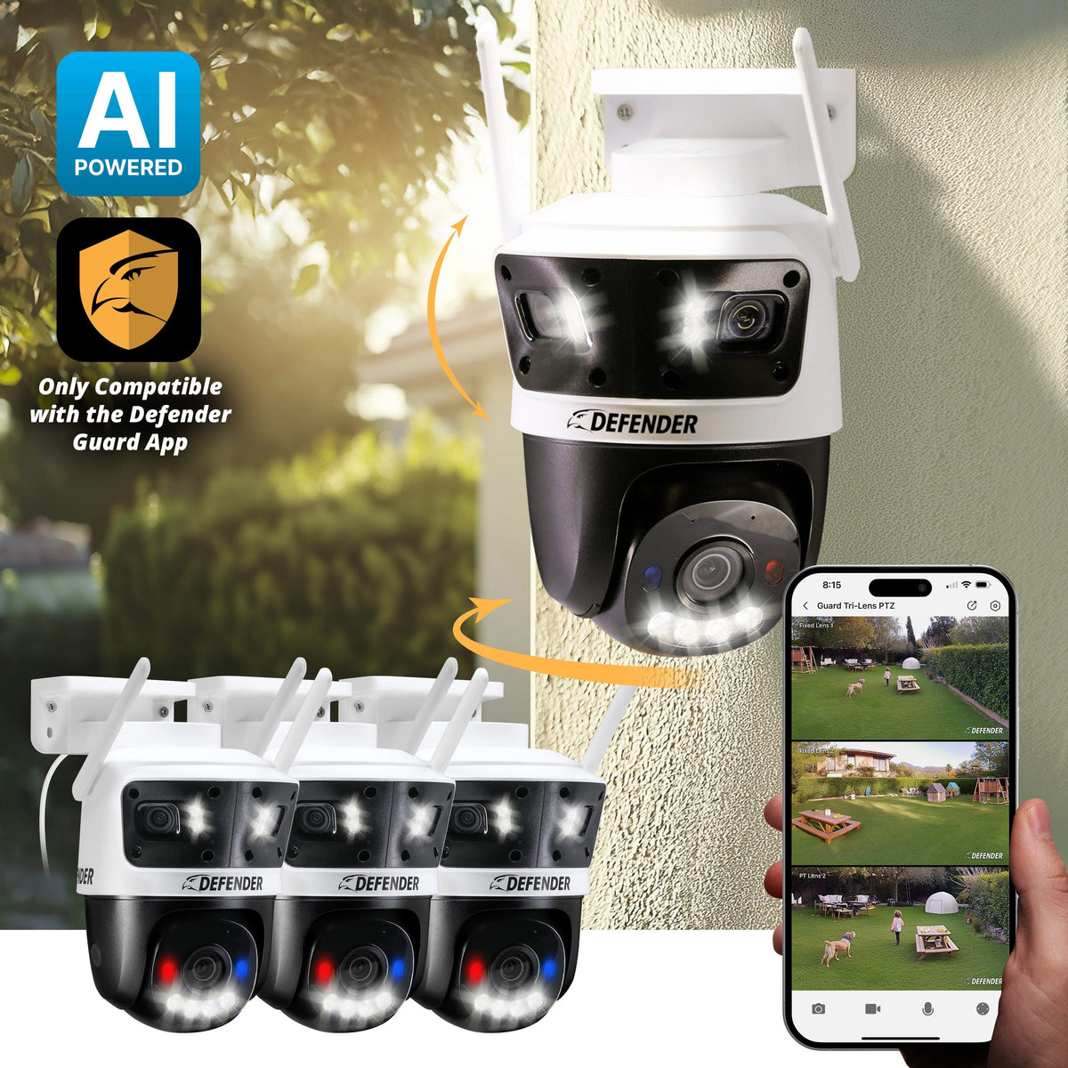 Defender - AI 3K+ Guard Tri-Lens PTZ WIFI Plug-in Security Camera, 360° Tracking, AI Detection, Works w/ Guard App, 3 Pack - White