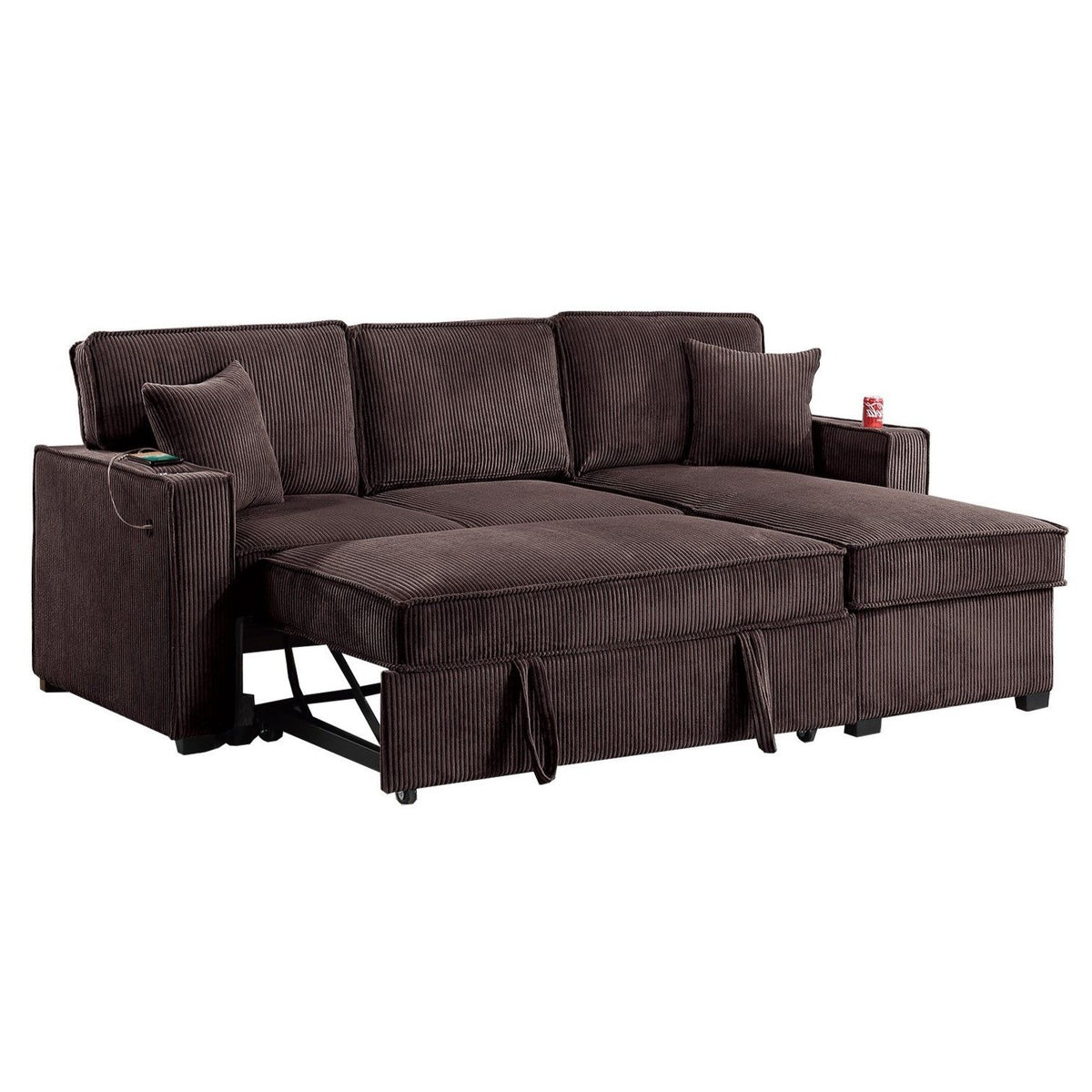 Sofá seccional convertible con puerto USB / USB-C, chaise longue con almacenamiento y cama extraíble