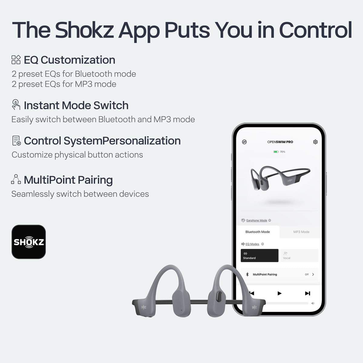 Shokz - OpenSwim Pro Wireless Bone Conduction Open-Ear Bluetooth Sports Headphones - Gray
