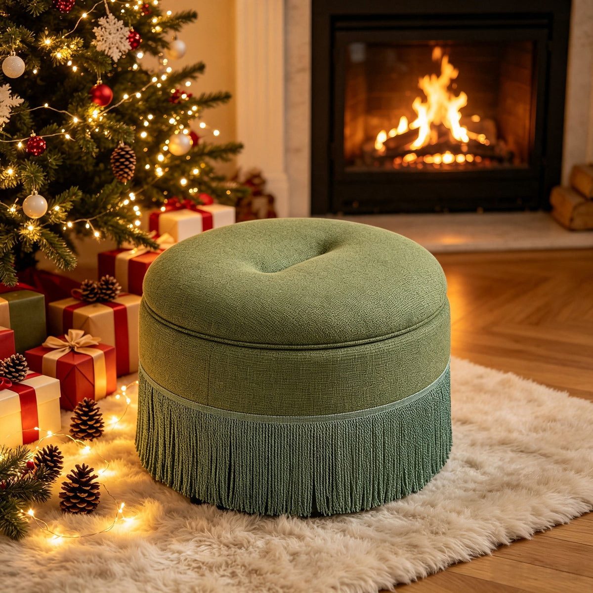 Round Storage Ottoman With Tassel, Decorative Accent Pouf For Living Room