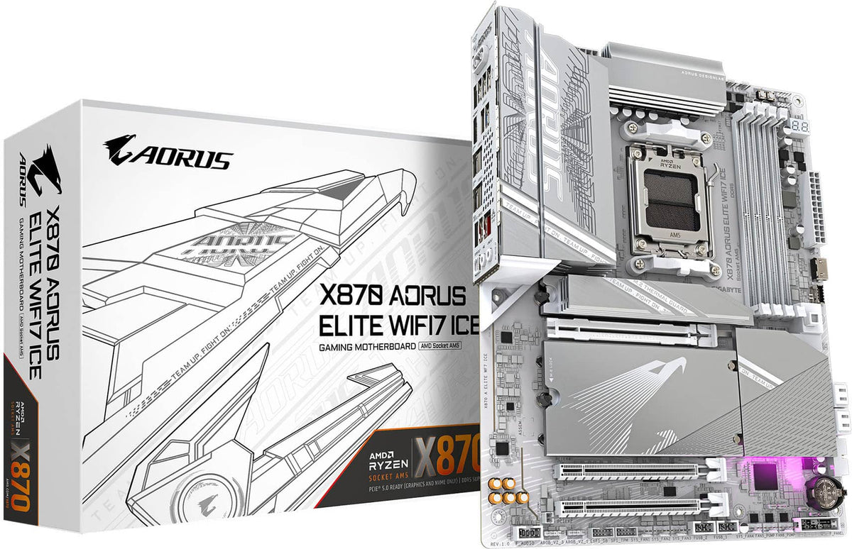 GIGABYTE - X870 AORUS ELITE WIFI7 ICE (Socket AM5) AMD X870 ATX DDR5 Wi-Fi 7 Motherboard - White