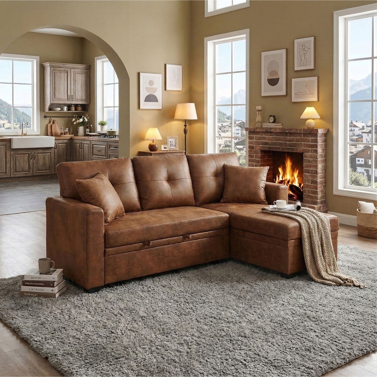 Sofá seccional con cama extraíble, chaise longue reversible