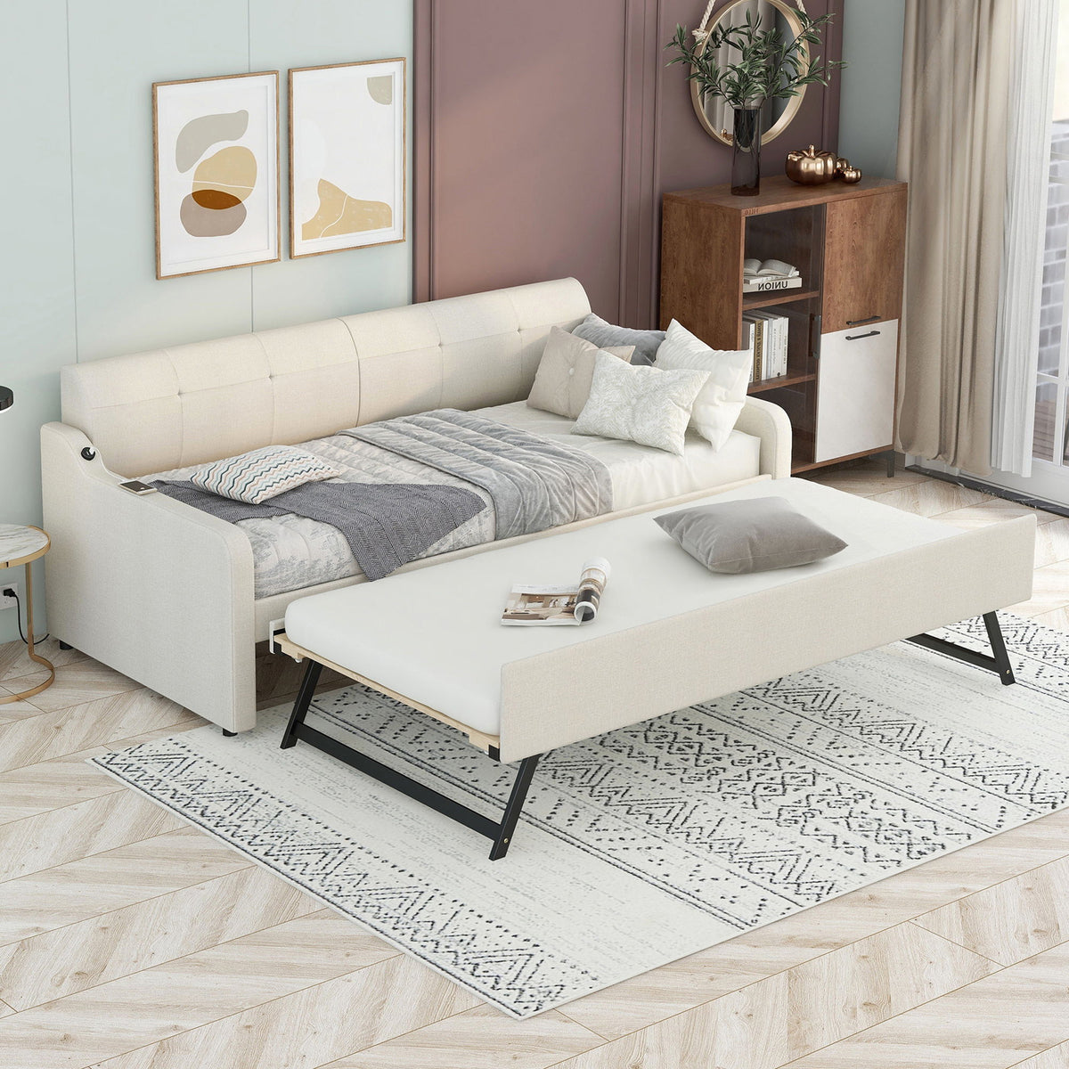 Upholstered Daybed With Trundle And USB Charging