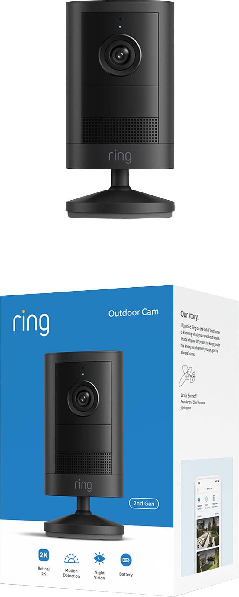 Ring - Outdoor Cam 2K, Battery - Wide-Angle Retinal 2K Video, 6x Enhanced Zoom, Night Vision - Matte Black