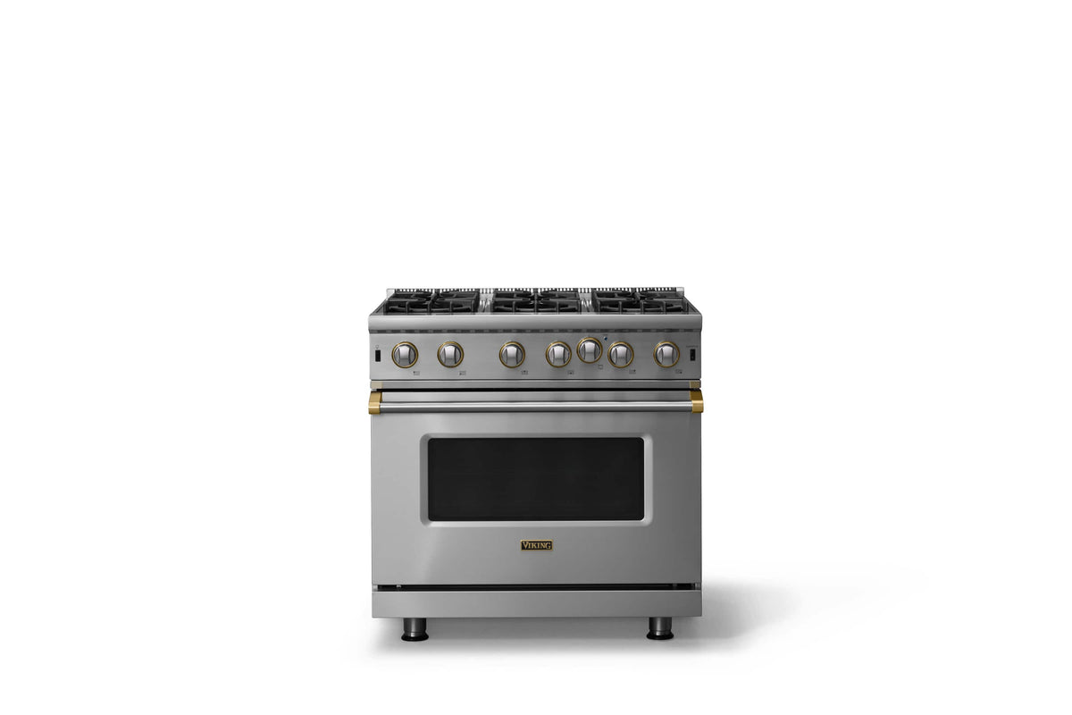 Viking - 30"W. 5.1 Cu. Ft. Freestanding Manual Clean Open Burner LP Gas Convection Range-Stainless Steel w. Brushed Brass Trim - Stainless Steel