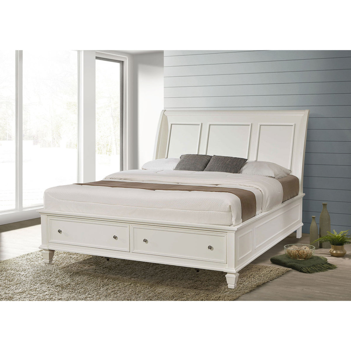 Dennis - Eastern King Storage Panel Bed With Carved Headboard And Built In Drawers - Cream White